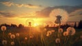 A photo of sunset, dandelions blowing in the wind, fantastic realism. Generative AI Royalty Free Stock Photo