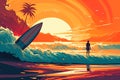 sunset tropical beach background with surfer and beach wave ai generated Royalty Free Stock Photo