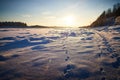 Photo of a sunset at winter snowy field, peaceful stunning landscape, amazing seasonal nature, cold weather in the park
