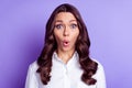 Photo of surprised amazed lady look camera open mouth wear white shirt isolated purple color background