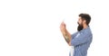photo of surprised man maintaining blog. bearded man making photo for blog with copy space