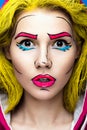 Photo of surprised young woman with professional comic pop art make-up. Creative beauty style.