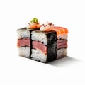 Layered Illusion Sushi Rolls: Hyperrealism Photography On White Background