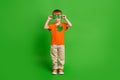 Photo of sweet boy wear shamrock decorate spectacles saint patrick leprechaun costume isolated green color background Royalty Free Stock Photo