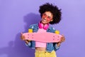 Photo of sweet dreamy young woman wear jeans jacket headphones long board empty space isolated violet color background