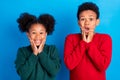 Photo of sweet impressed dark skin children wear pullover smiling arms cheeks isolated blue color background