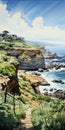 Watercolor Painting Of Coastal Path Towards The Ocean