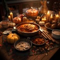 Photo of a table set with pumpkin soup, pumpkins, spices, candles. Pumpkin as a dish of thanksgiving for the harvest Royalty Free Stock Photo