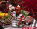 Misted decanter of vodka and traditional Ukrainian snack Royalty Free Stock Photo