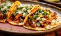 A photo of tacos al pastor on plate, mexican food stock photo