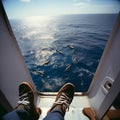 Photo taken from the board of the yacht down to the sea and jumping fish, the photo shows the legs of the photographer,