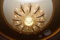 A bottom up angle photo taken on a chandelier lighting unit dispersing warmth yellow lights