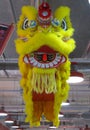 A bright yellow Chinese Lion Dance costume on display high up in the air Royalty Free Stock Photo