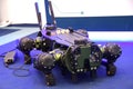 A quadruped military robot at rest position on display