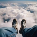 Photo taken down at high altitude above clouds while skydiving, photo shows the photographer\'s legs, sky below,