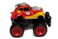 Side View Of A Red Yellow Toy Monster Truck With Red Painted Wheels