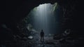 A photo taken from inside of a cave, of a man standing in front of the entrance to the cave