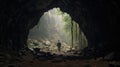 A photo taken from inside of a cave, of a man standing in front of the entrance to the cave Royalty Free Stock Photo