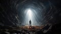 A photo taken from inside of a cave, of a man standing in front of the entrance to the cave