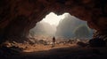 A photo taken from inside of a cave, of a man standing in front of the entrance to the cave