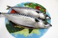 Two gutted mackerel are on a color dish