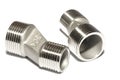 A pair of stainless steel angled level reducer pipe fittings