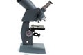 Side view of a laboratory multiple high magnification microscope toy replica against a white backdrop Royalty Free Stock Photo