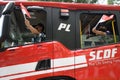 A Singapore Civil Defense Force fire fighting vehicle driving past the heartlands at Jurong West Avenue 5 during the nation`s 55th