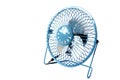 A universal serial bus powered blue portable table fan placed at one side