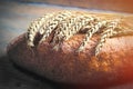 Photo of tasty fresh loaf of bread and branch of wheat on the wo Royalty Free Stock Photo