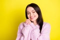 Photo of teen brown hairdo lady touch pink sweater isolated on vivid yellow color background Royalty Free Stock Photo
