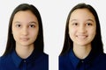 Photo of a teenage girl face on a white background on documents. Collage for comparison
