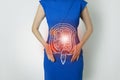 Photo template of unrecognizable woman representing graphic visualisation of intestine organ highlighted red.