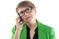 Photo of thinking woman speaking by phone Royalty Free Stock Photo