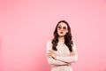 Photo of thoughtful adult girl with red lips wearing trendy sung Royalty Free Stock Photo