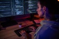 Photo of thoughtful busy programmer wear hoodie piercing creating new startup indoors workstation workshop