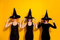 Photo of three thrilling disguise haunted devil evil macabre charmed ladies hiding their faces do not want to look at