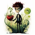 Quirky Character Design Matthew And His Macabre Carnivorous Plant Royalty Free Stock Photo