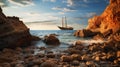 Dreamlike Imagery Of An Old Sailing Boat Amidst Waves And Rocks
