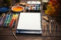 Photo Tools for artist, drawing pad, watercolor paints, and assorted pencils Royalty Free Stock Photo