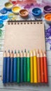 Photo Tools for artist, drawing pad, watercolor paints, and assorted pencils Royalty Free Stock Photo