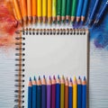 Photo Tools for artist, drawing pad, watercolor paints, and assorted pencils Royalty Free Stock Photo