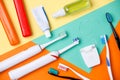 Photo of toothbrushes, tubes of pastes, floss Royalty Free Stock Photo