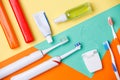 Photo of toothbrushes, tubes of pastes, floss Royalty Free Stock Photo