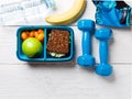 Photo on top of apple, sandwich, tomato in box, dumbbell Royalty Free Stock Photo