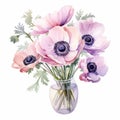 Watercolor Hand Painted Pink Anemone Bouquet In Vase