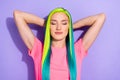 Photo of tranquil lady with colorful multicolored hairstyle sleep arms head isolated over violet color background