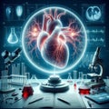 A photo of a translucent heart beating against a backdrop of scientific equipment and tools, showing blood circulation.AI Generate