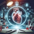 A photo of a translucent heart beating against a backdrop of scientific equipment and tools, showing blood circulation.AI Generate