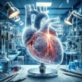 A photo of a translucent heart beating against a backdrop of scientific equipment and tools, showing blood circulation.AI Generate